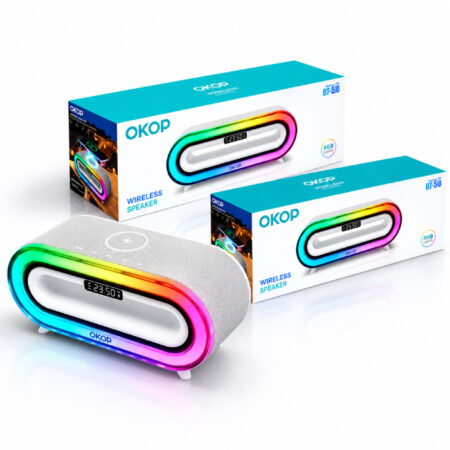 Enceinte Bluetooth 5.3 avec Charge Sans Fil 15W, Radio FM & Éclairage RGB – OKOP KP-576