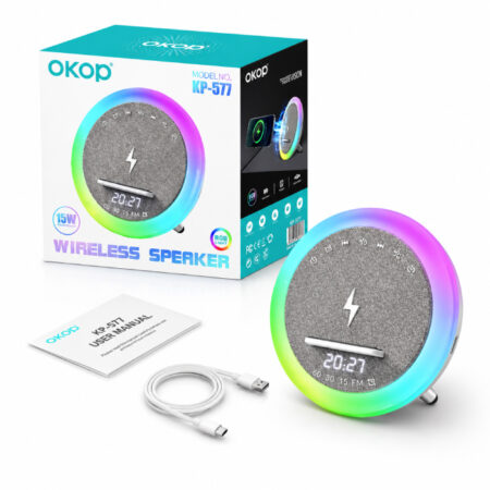 Enceinte Bluetooth 15W avec Horloge, Réveil, Charge Sans Fil Qi & LED – OKOP KP-577 RGB