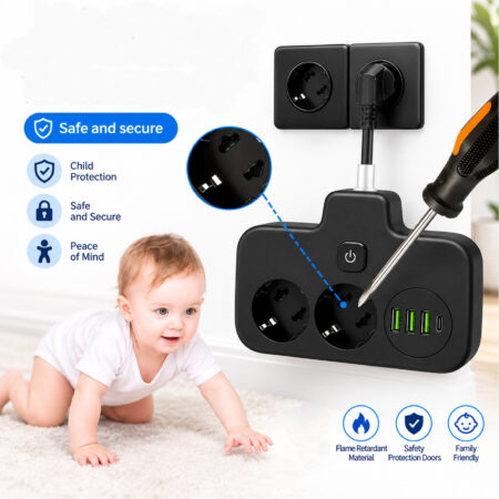 Multiprise Murale avec 2 Prises, 3 Ports USB, 1 Port USB-C, Interrupteur et Câble 3 Mètres - 25SKY-245
