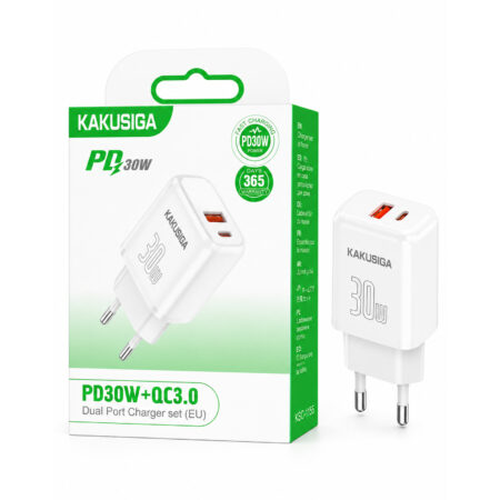 Chargeur Mural KAKUSIGA KSC-1641 Double Port PD 30W + QC 3.0 – Blanc