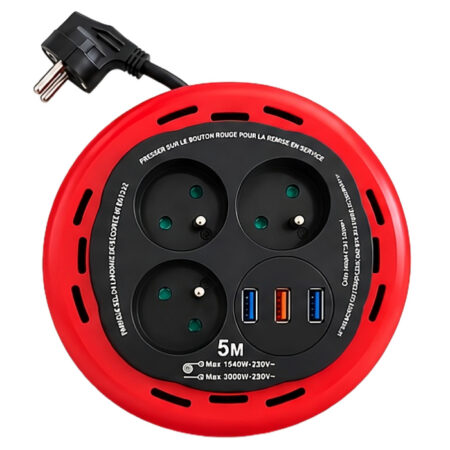 Rallonge Multiprise 3 Prises + 3 USB avec Enrouleur 5m - 25SKY-252